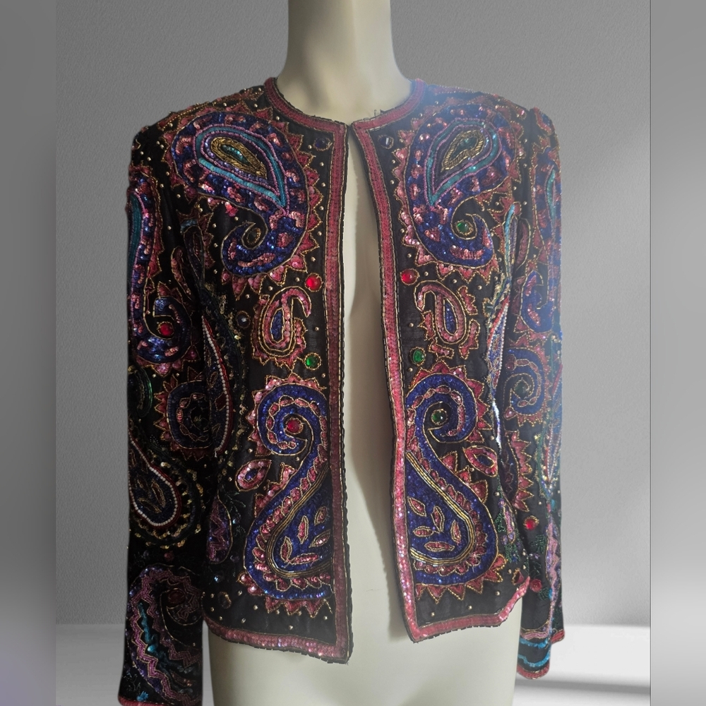Adrianna Papell Silk Beaded Paisley Jacket Vintage Statement Piece